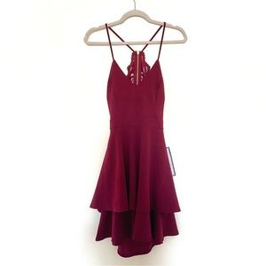 B DARLIN Juniors' Lace-Back Fit & Flare Maroon Dress